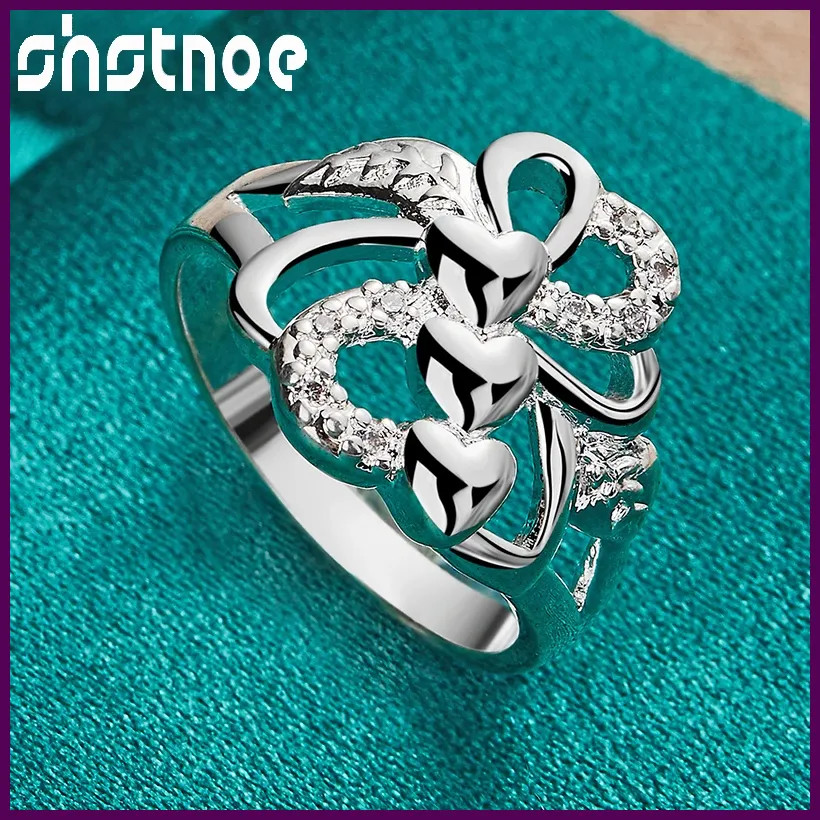 SHSTONE 925 Sterling Silver rings Inlay AAA Zircon Three Heart Bowknot Ring For