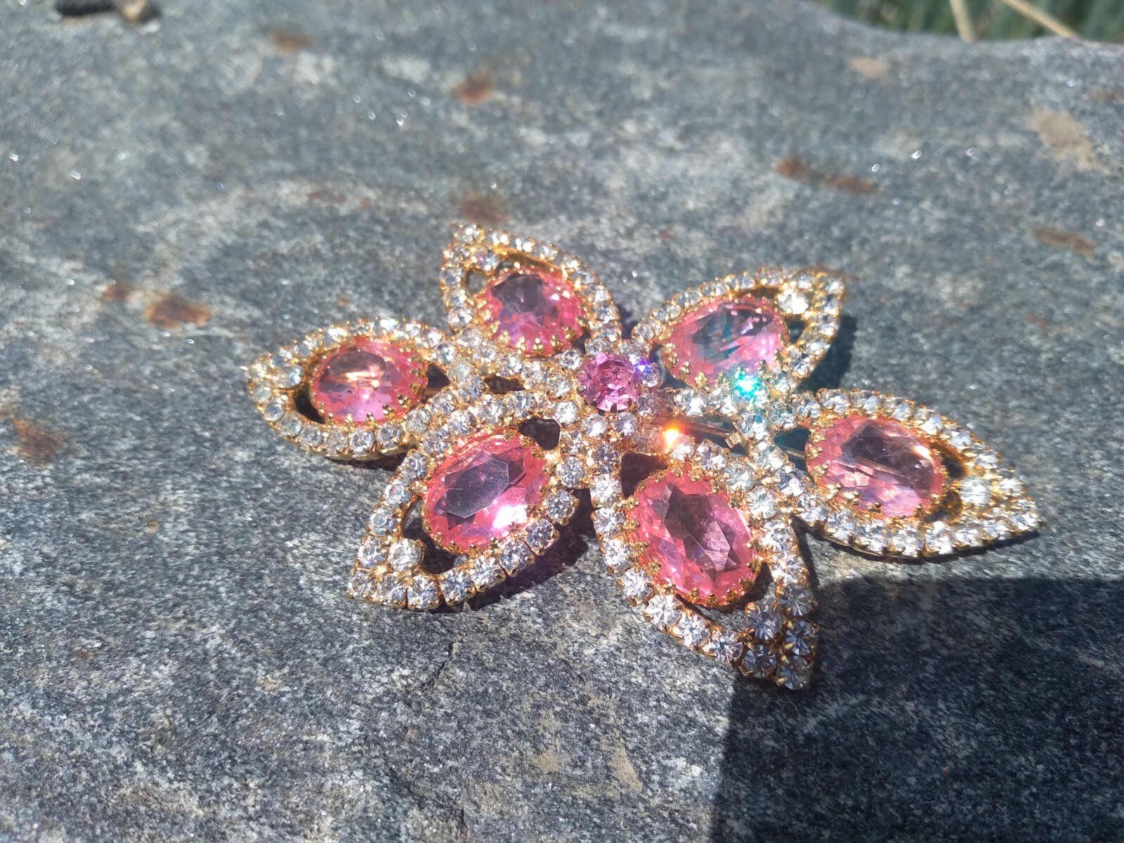 Sparkly Pink Rhinestone Brooch Gold Tone Statement 3.75 in Vintage