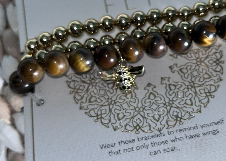 Beloved + Inspired Gold Tiger Eye Bee Charm Trio Stretch Beaded Bracelet 3 Count