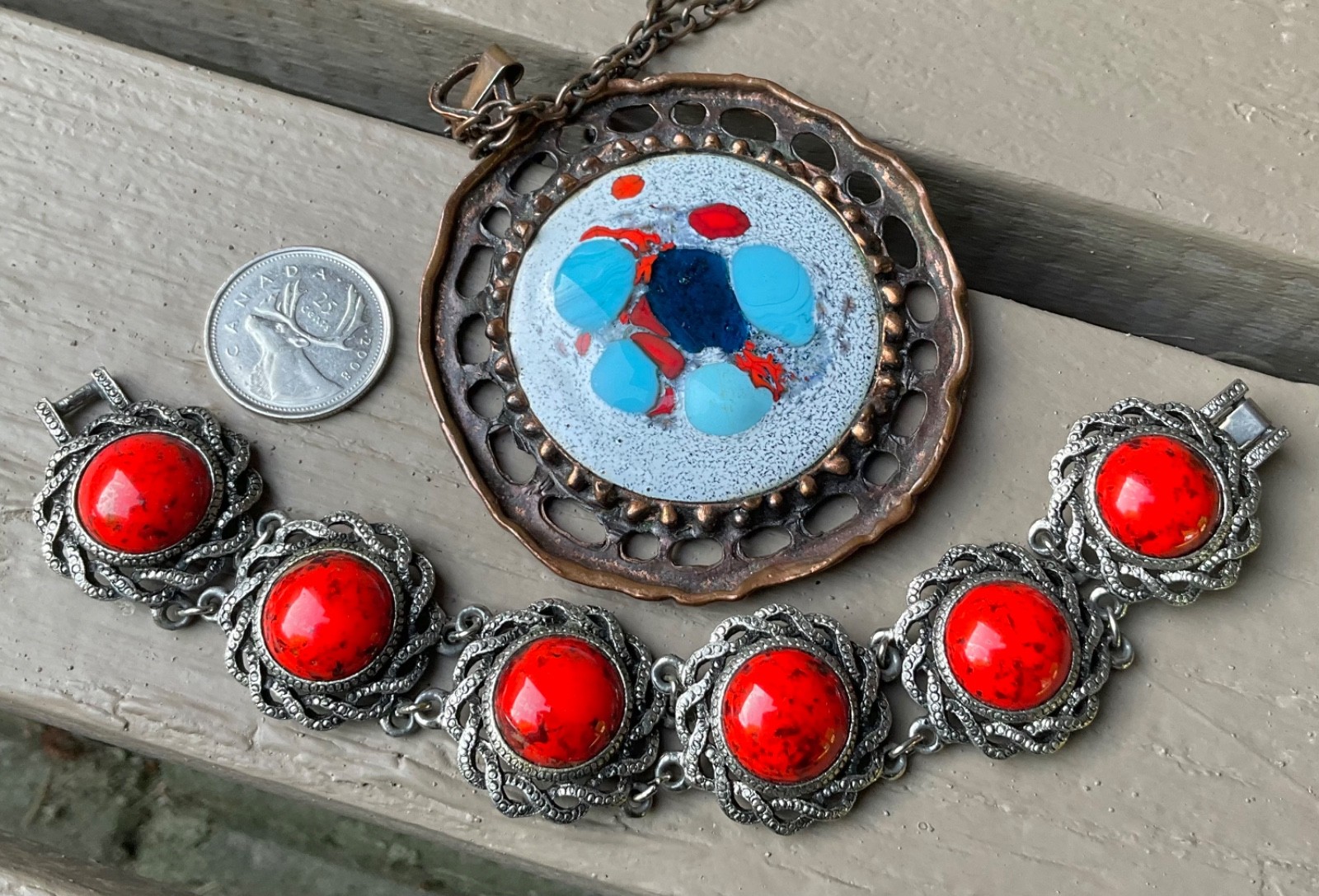 Vintage MCM Modern CERAMIC Lava BRACELET, Big ENAMEL COPPER Pendant NECKLACE