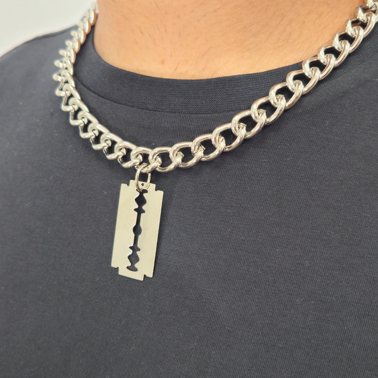Razor Blade Full Metal Pendant Heavy Steel Chain Punk Goth Rock Necklace
