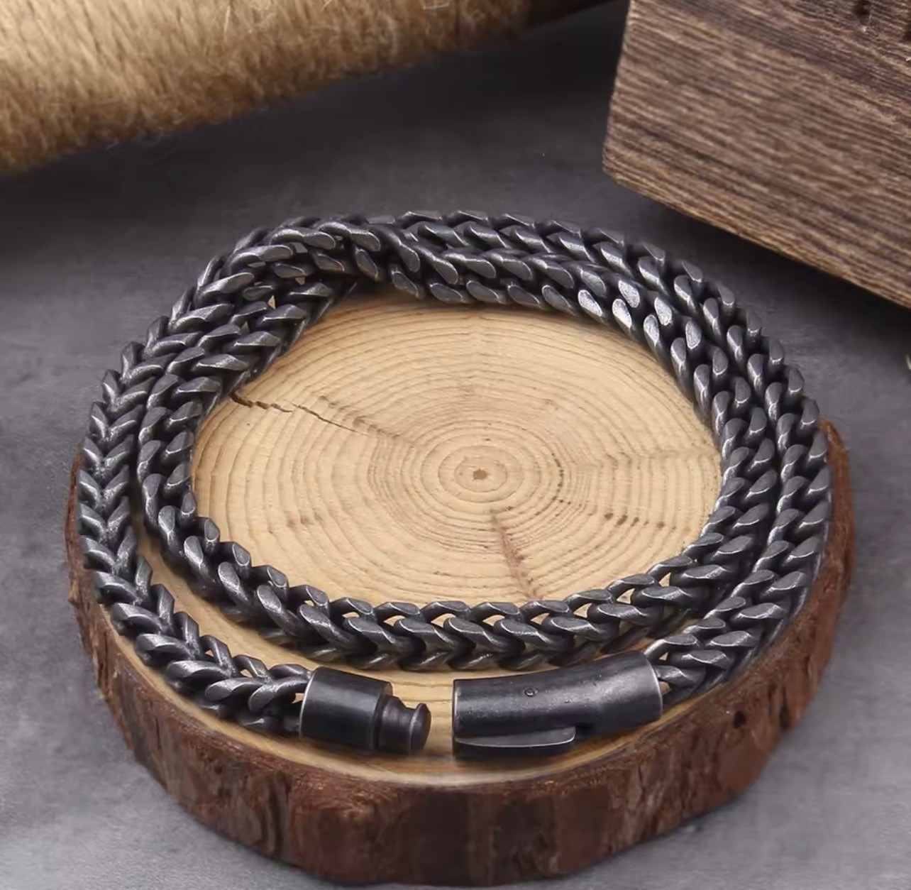 Men’s Black Silver Stainless Steel Viking Wheat Chain Necklace 60cm