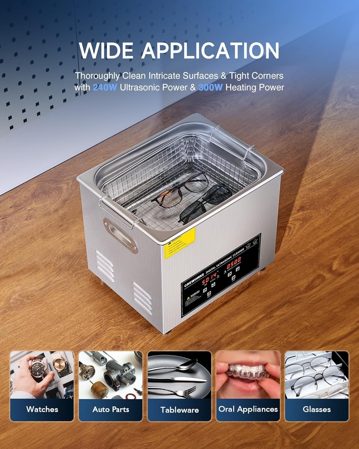 CREWORKS 10L Digital Ultrasonic Cleaning Machine with Heater & Timer,