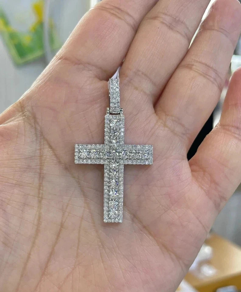 3 Ct Round Cut Moissanite Men’s Religious Cross Pendant Real 925 Sterling Silver