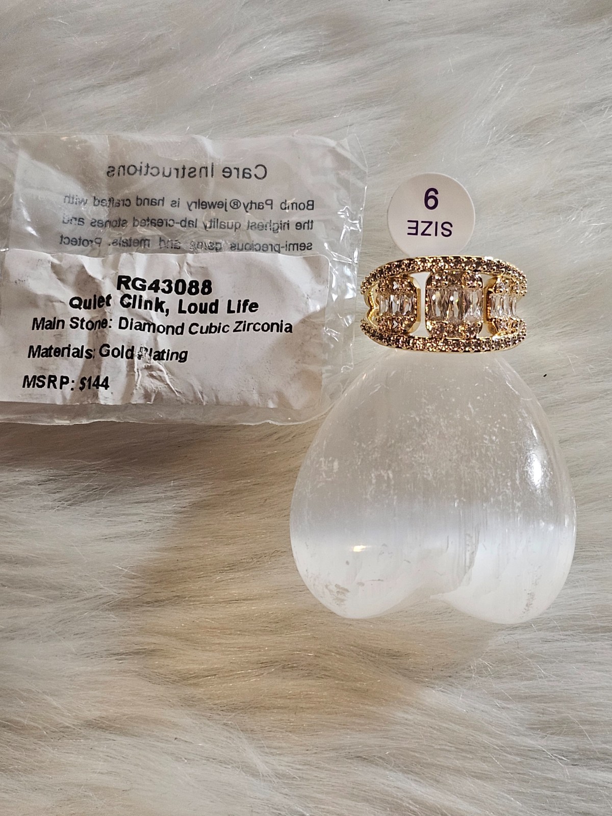 Bomb Party Ring Size 9 “Quiet Clink, Loud Life” Diamond CZ Gold Plating RG43088