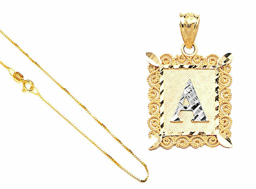 14k Solid Gold A-to-Z Alphabet Letter in Rectangle D/C Pendant 18″Gold Box Chain