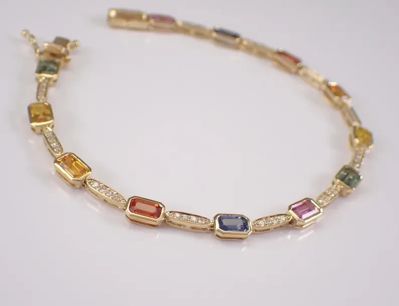 14K Yellow Gold Plated Multi Color Stones Stackable Tennis Women’s Bracelet 7″