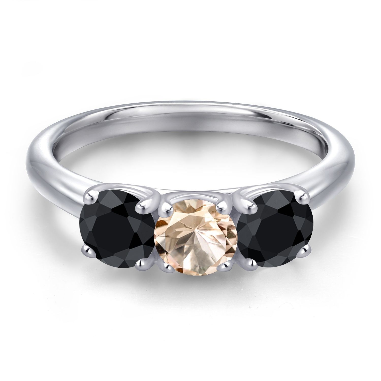 925 Sterling Silver Peach Morganite and Black Sapphire Engagement Ring For