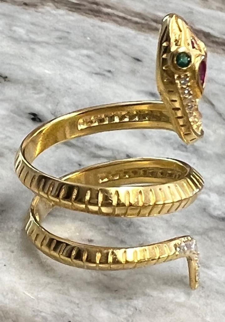 REAL Ruby Emerald Diamond Snake Ring 14K Y Gold on 925 wrap coiled Egyptian Rev