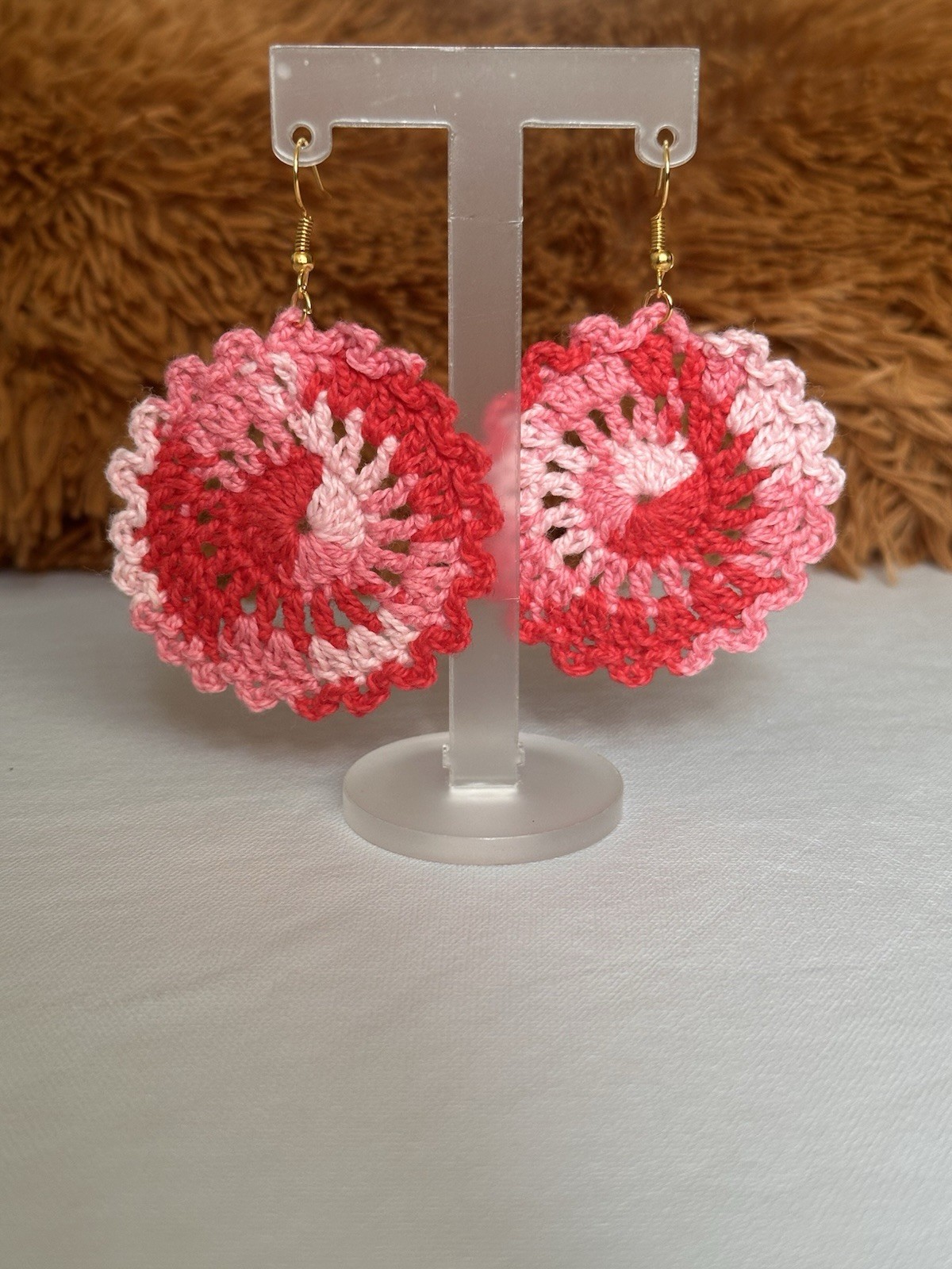 Handmade Crochet Flowers Earrings|Boho Light weight Dangle Earrings Red&cream