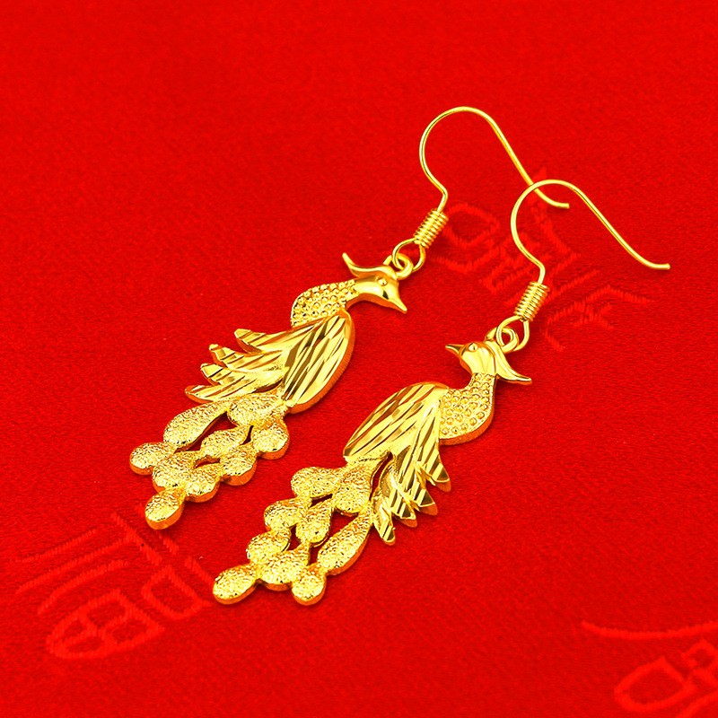 Gold Plated Phoenix Drop Earrings Chinese Wedding Women
