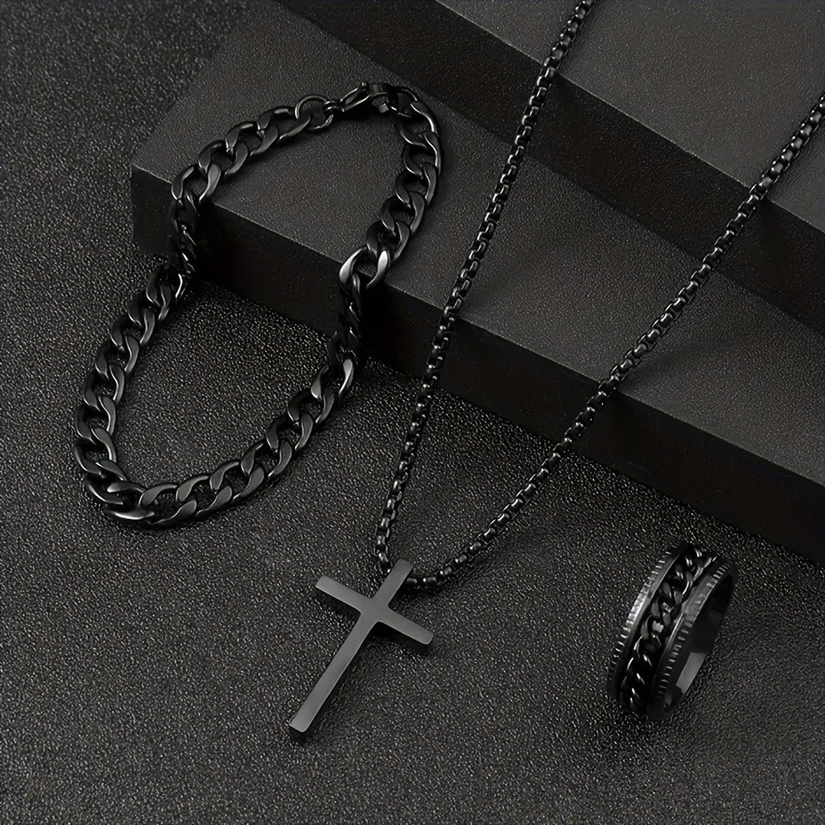 Men’s Fashion Watch Ring Necklace Bracelet Set – Stainless Steel Jewelry Collect
