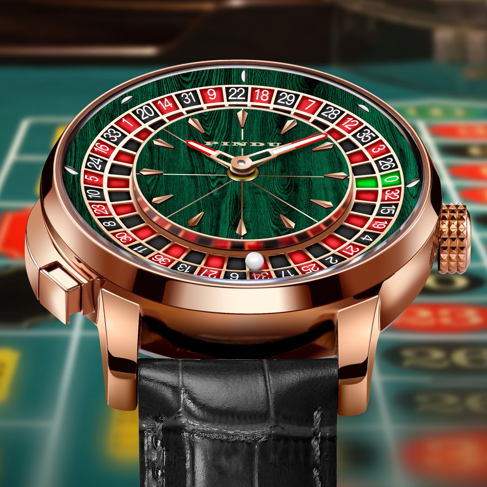 PINDU Roulette-Themed Rose Gold with Wood-Grain/Featured Dial Genuine Leather