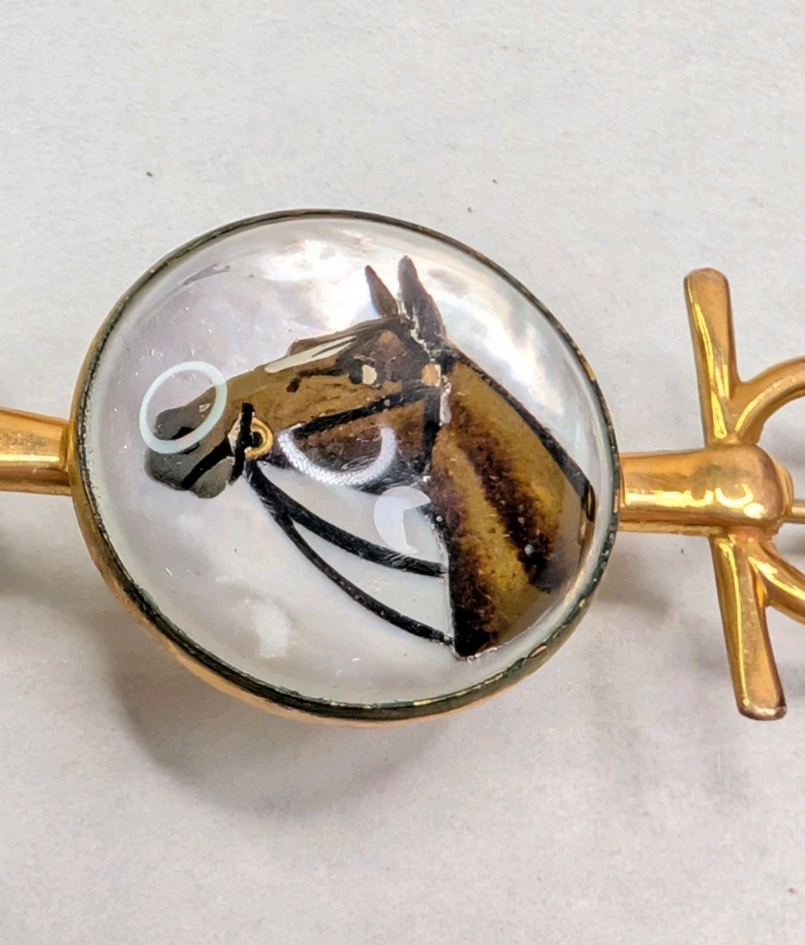 B.A. Ballou Horse Head Bar Pin Brooch Reverse Painted Essex Crystal Type 3-1/8″