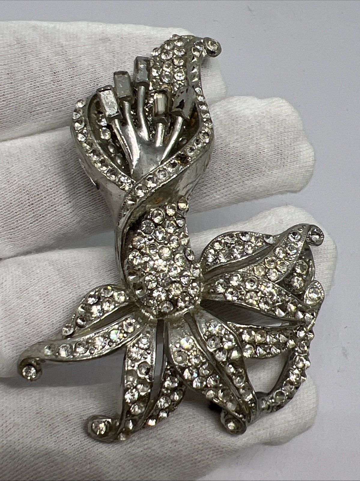 Art Deco Pave Set Clear Rhinestone Flower Brooch 3 1/4 in. Vintage Antique 1920s