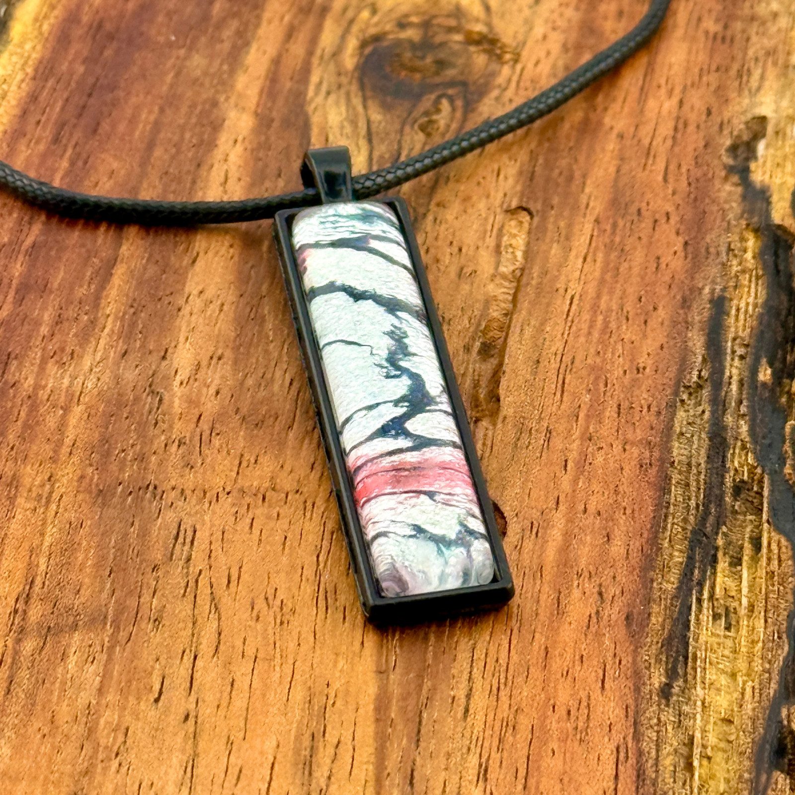 Handmade Pendant Necklace “Frosty Lake” Black Bezel Black Cord