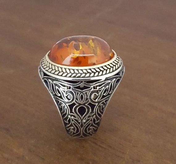 Solid 925 Sterling Silver Natural Baltic Amber Gemstone Signet Men’s Unisex Ring