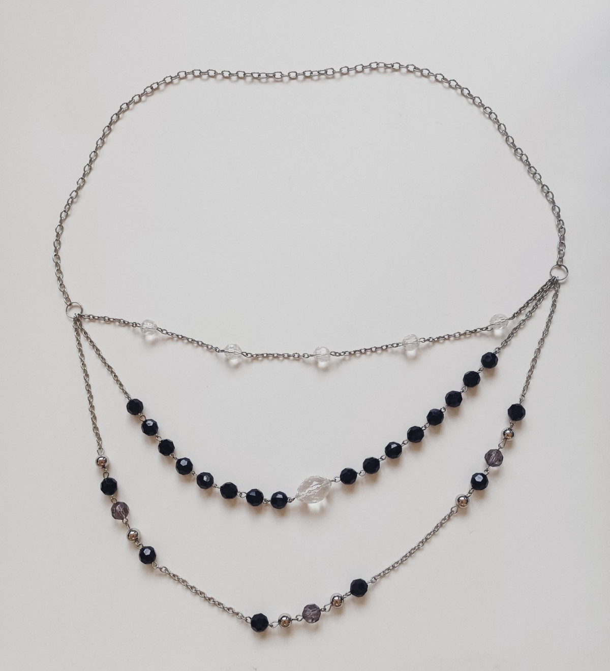 Black & Clear Faceted Station Bead Triple Layer Necklace