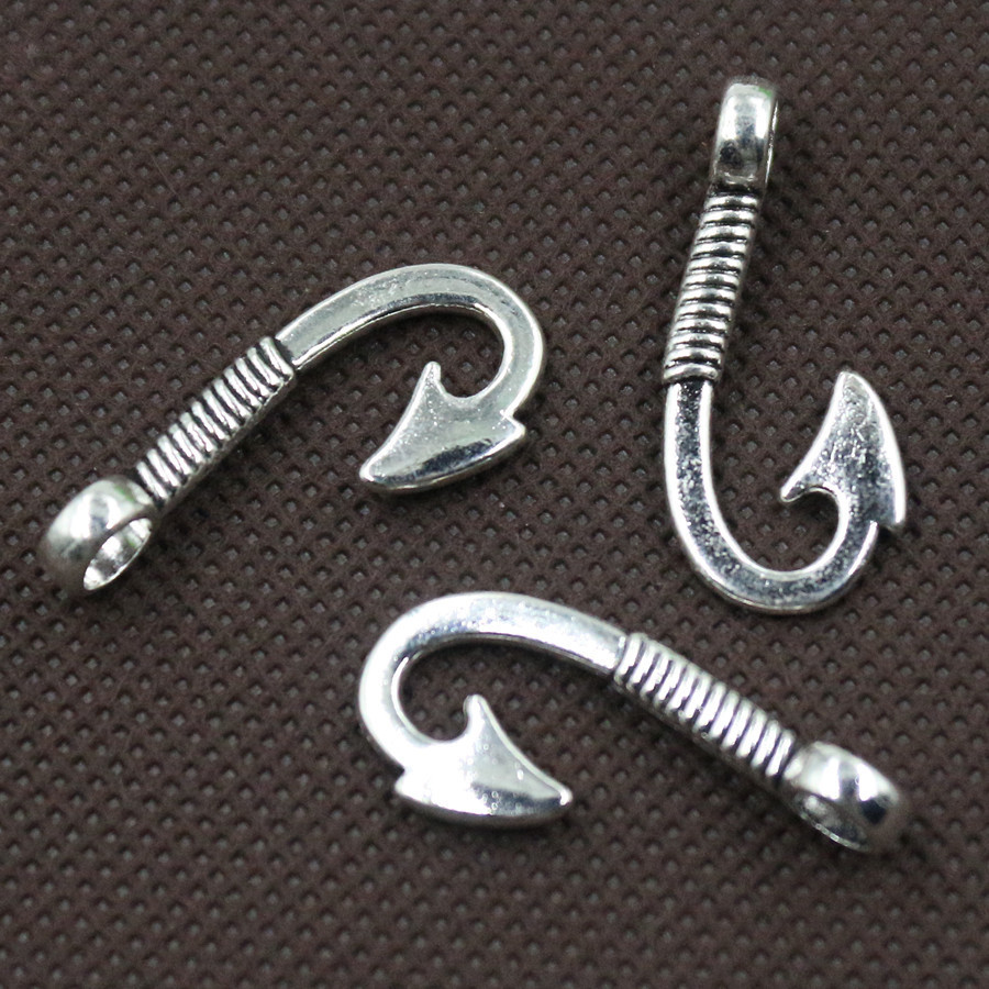 Fishhook fish Hook fishing Pendant key chain Antique Silver Tone no chain ()