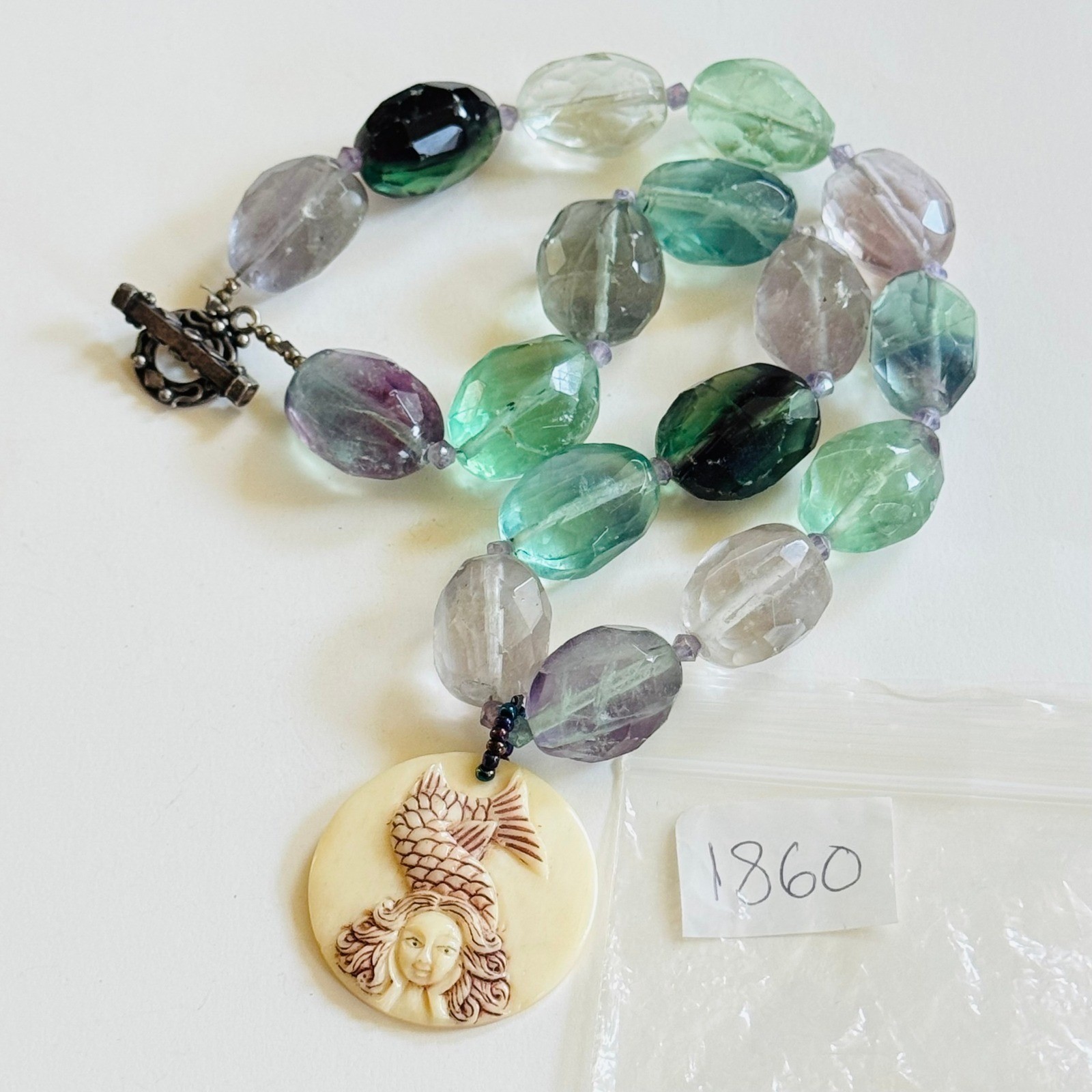 VTG Mermaid Rainbow Fluorite Necklace Natural Beads Whimsical sterling 925 18″