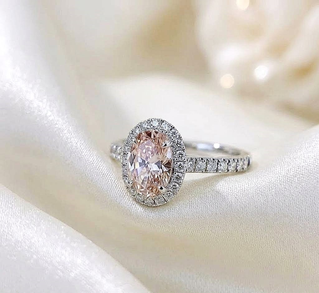 3.40 Carat Fancy Vivid Pink Oval Cut IGI Lab Created Diamond Ring 14k White Gold