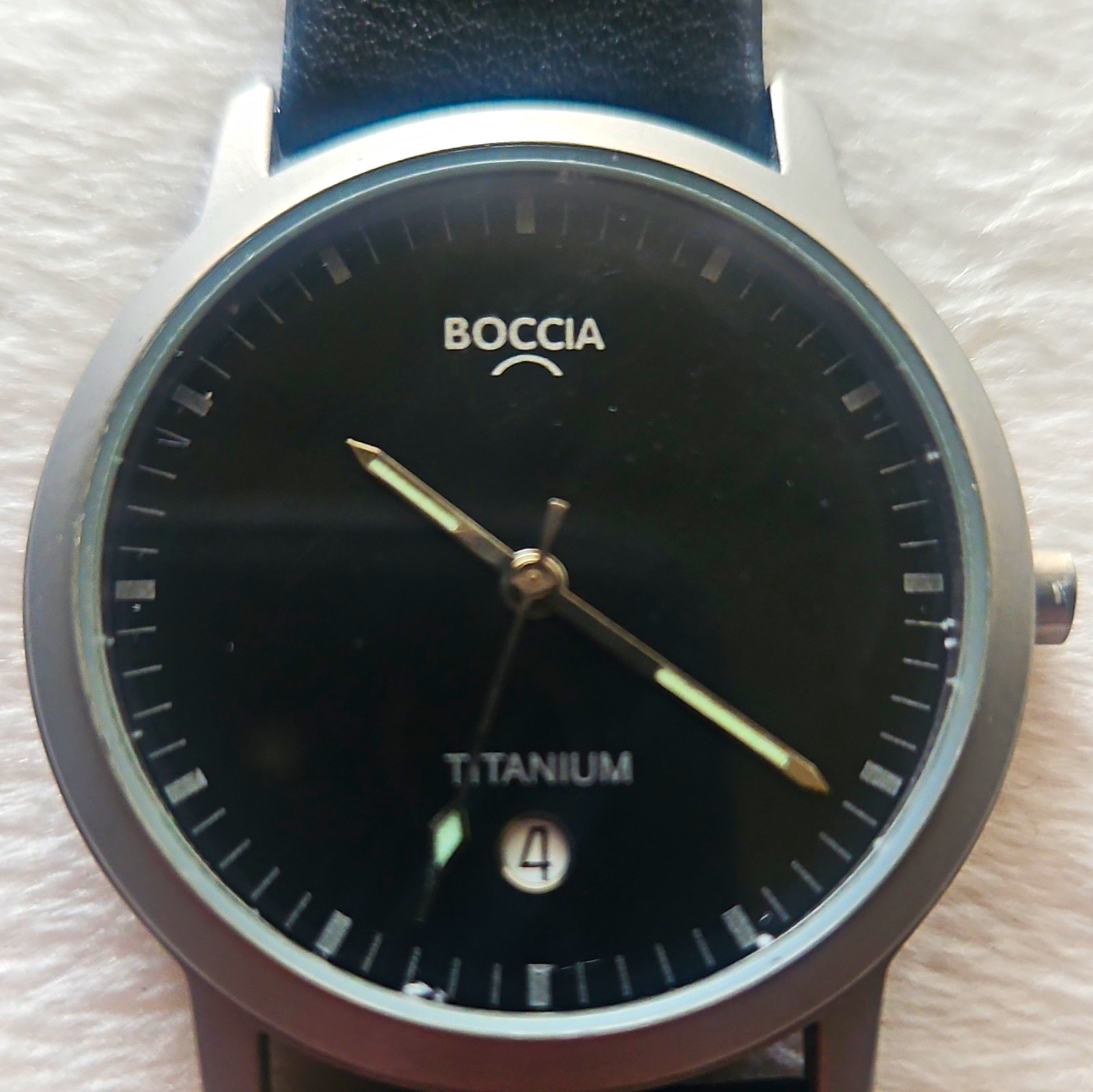 Boccia Titanium Quartz Wristwatch Date Black Dial Black Leather Strap 30m