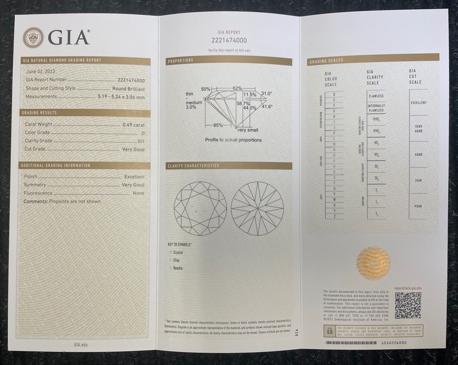 Beautiful Diamond .49 Carat D Color SI1 Clarity Cut Grade Very Good GIA Cert.