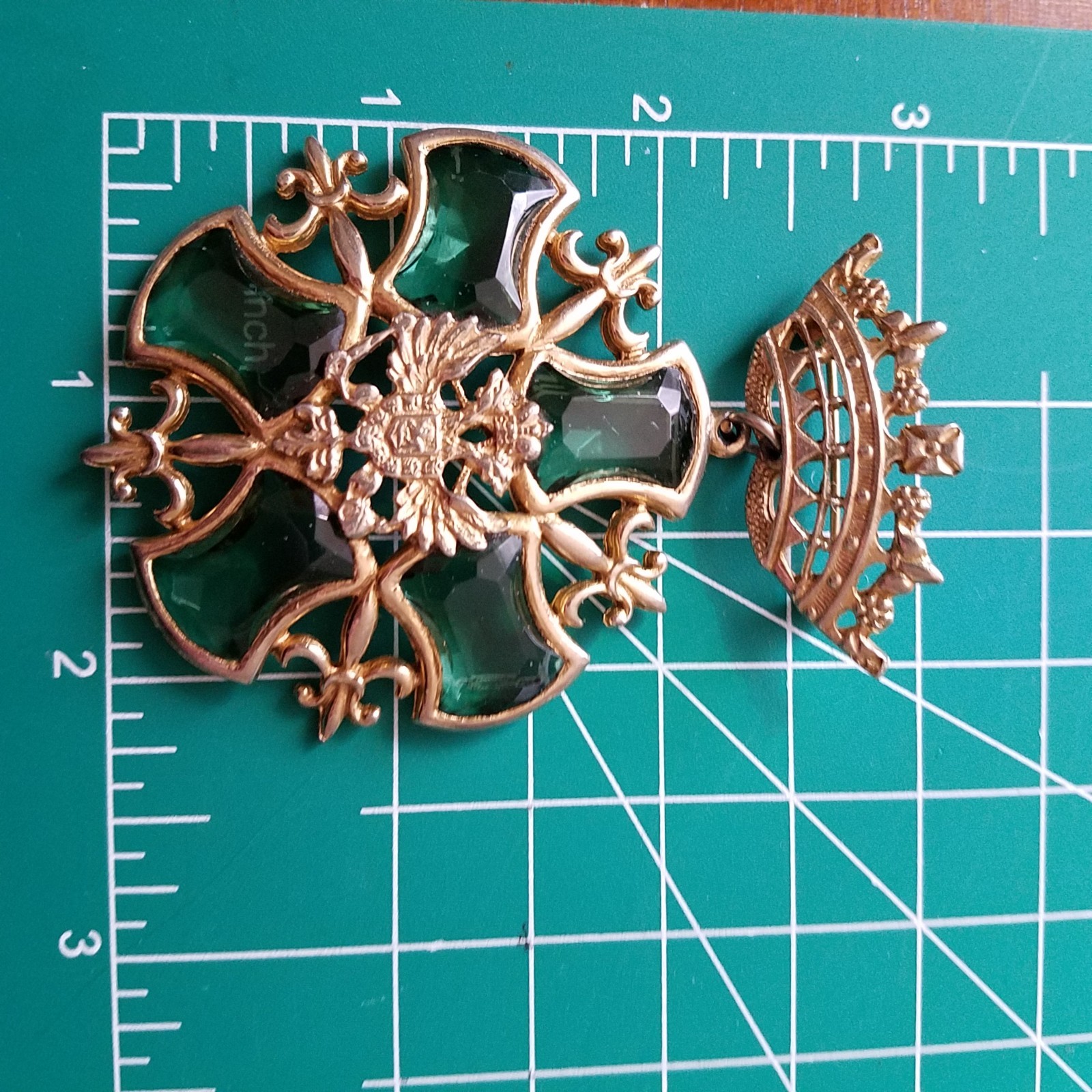 Vintage Crown Doubled-Headed Eagle Shield Green Rhinestone Fleur de Lis Brooch