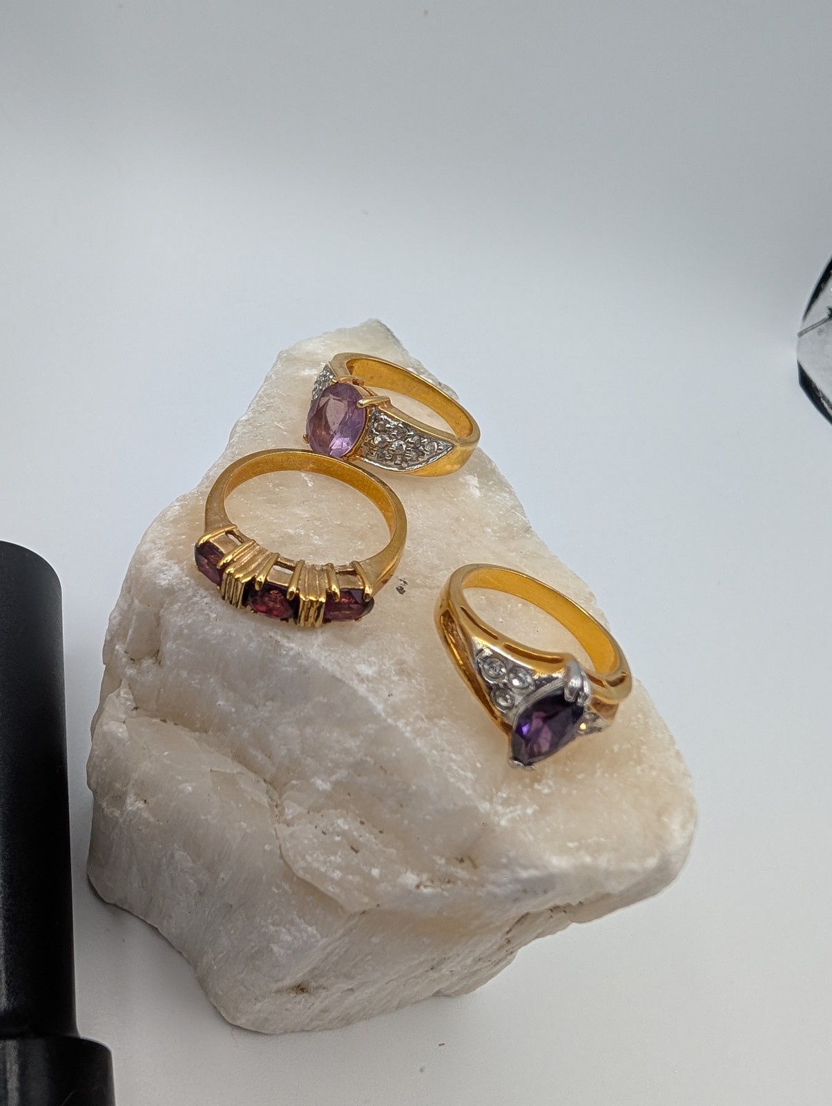 Lot of 3 Gold Tone Purple & Clear Stone Fashion Rings Cocktail Sizes 6.5, 7.5, 8