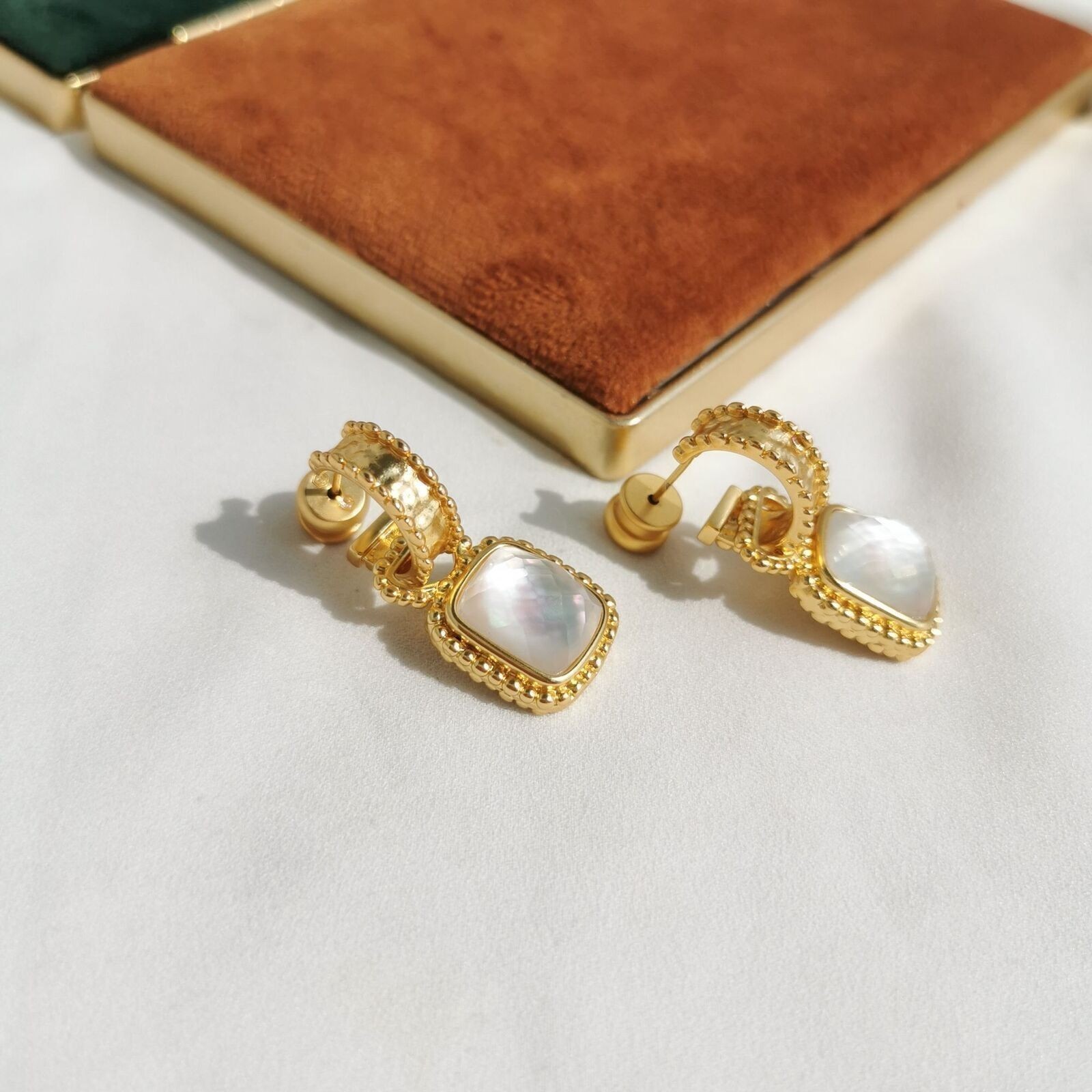 Julie Vos Elegance Gold Marbella Square Shell Freshwater Pearls Earings