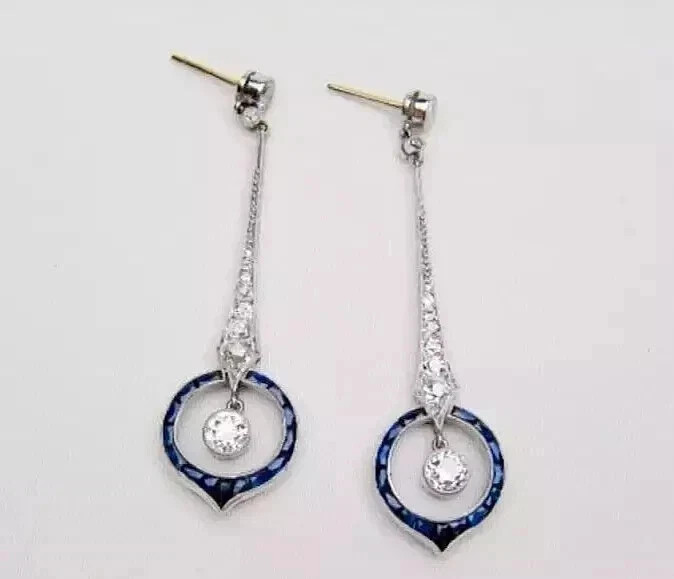 2Ct Round Natural Sapphire Vintage Art Deco Style Earrings 14K White Gold Plated