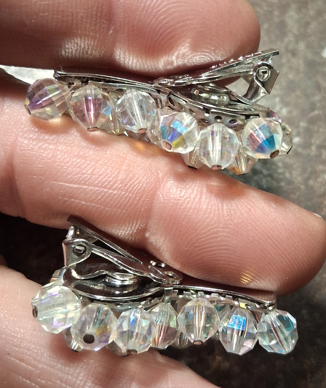 Vtg Crystal LAGUNA Clip Earring Cluster Aurora Borealis Bead Crescent Silvertone
