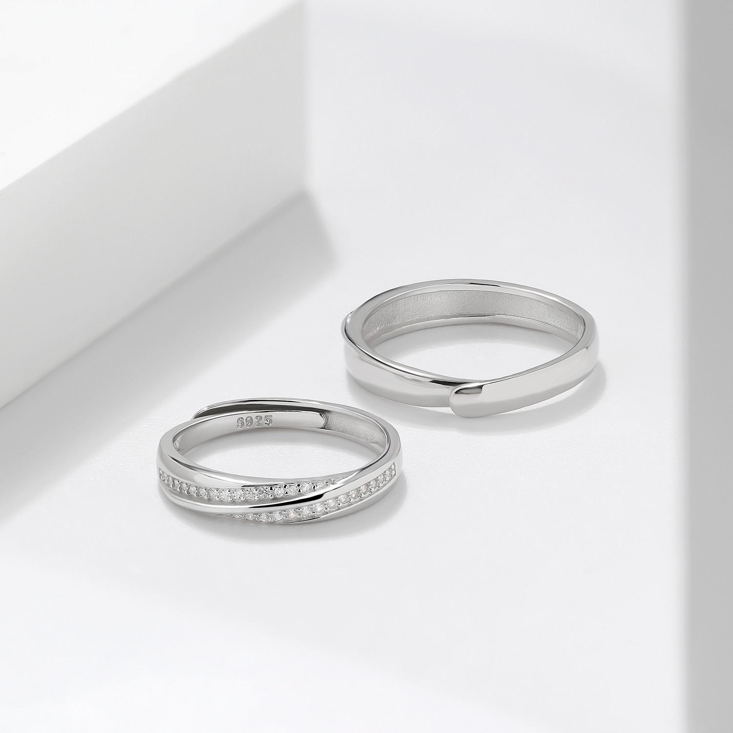 Meissa 2Pcs Couple Rings 925 Sterling Silver Wedding Bands Adjustable Promise