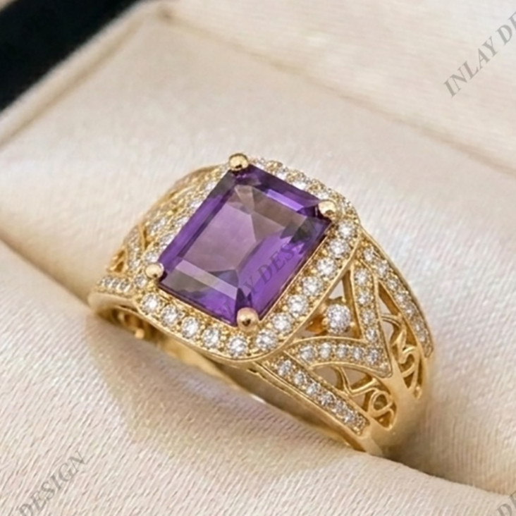 Men’s 925 Silver Signet Ring Purple Natural Amethyst Emerald Cut Shape Gemstone