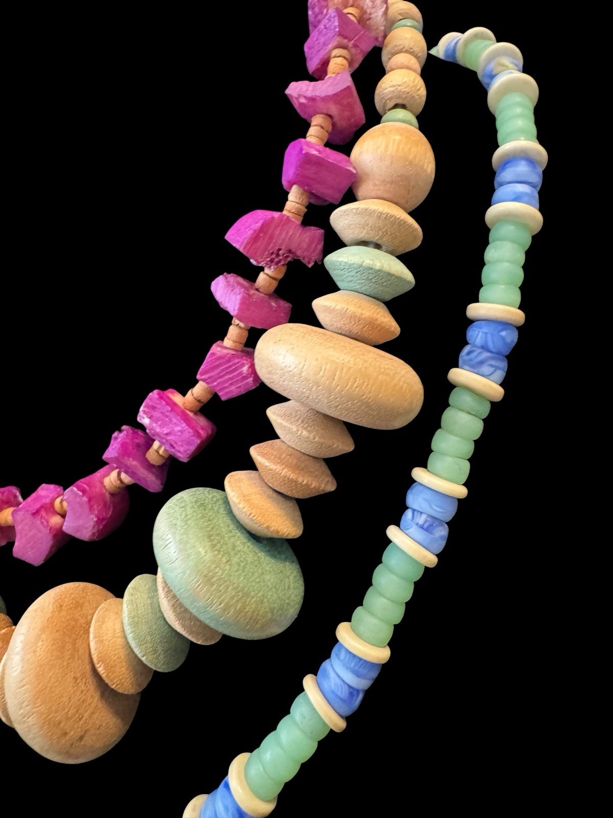 3 Piece Fun Colorful Wood Stone Nature Necklaces Purple Green Blue Brown BN3