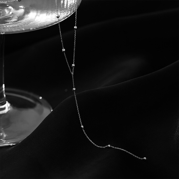 Silver Tassel Ball Bead Beaded Pendant Long Chain Necklace