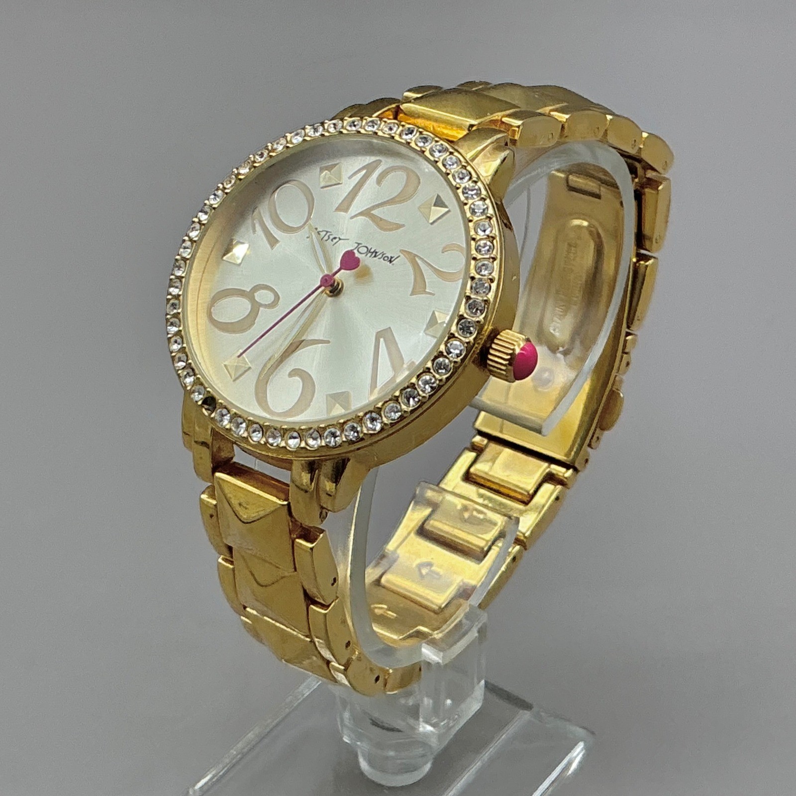 Betsey Johnson Watch Women Gold Tone Crystal Studded Pyramid Link NEW BATTERY