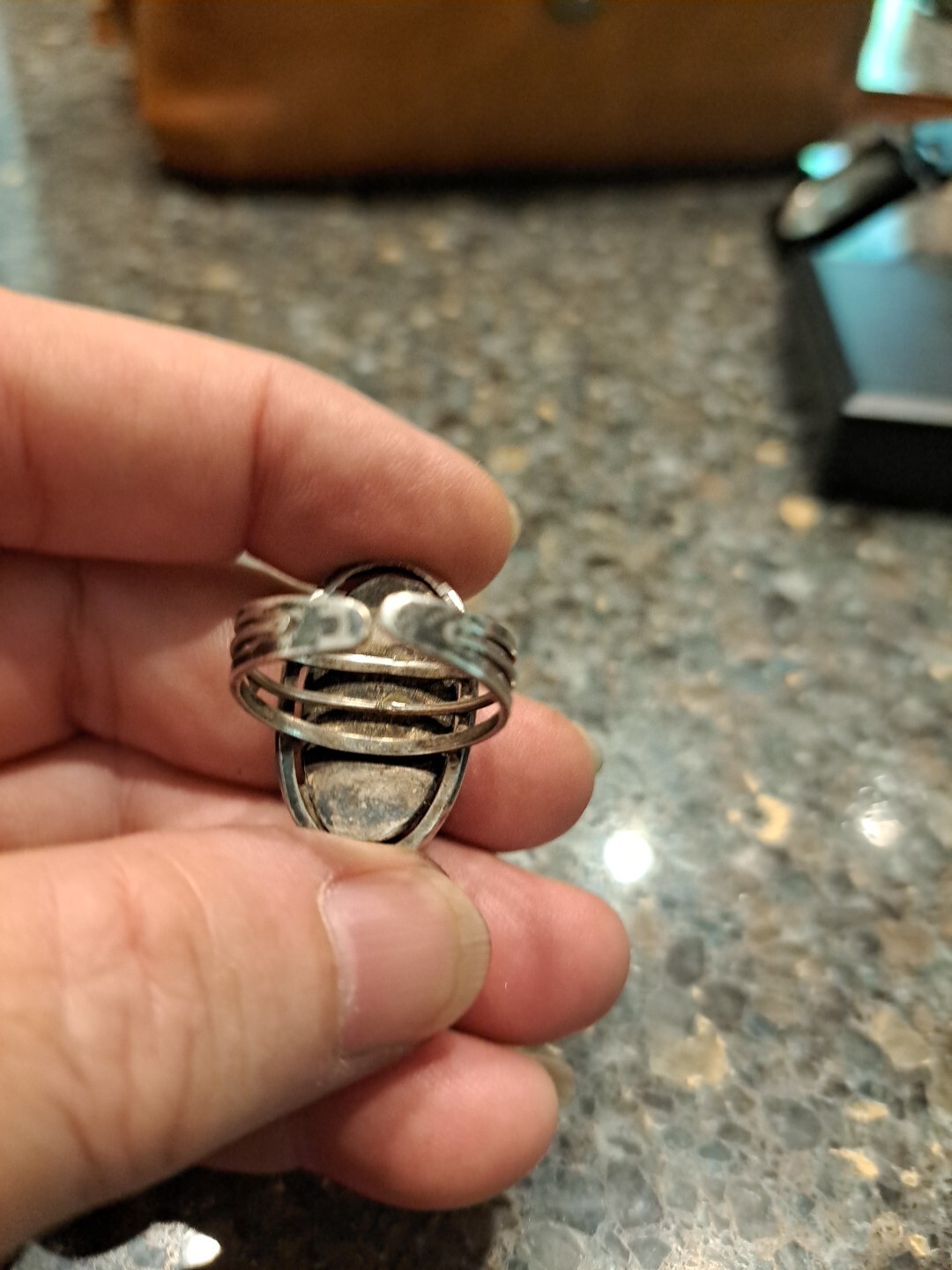Vintage Sterling Silver 925 Malachite Cabochon Ring Adjustable Size 8 7.69g