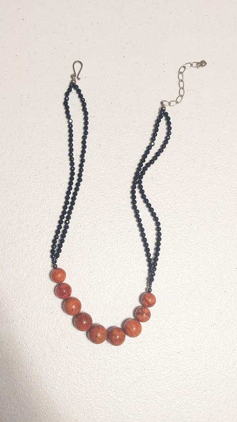 Simon Sebagg Brown Beaded Necklace – Black chain with Orange/Earth Tone Beads