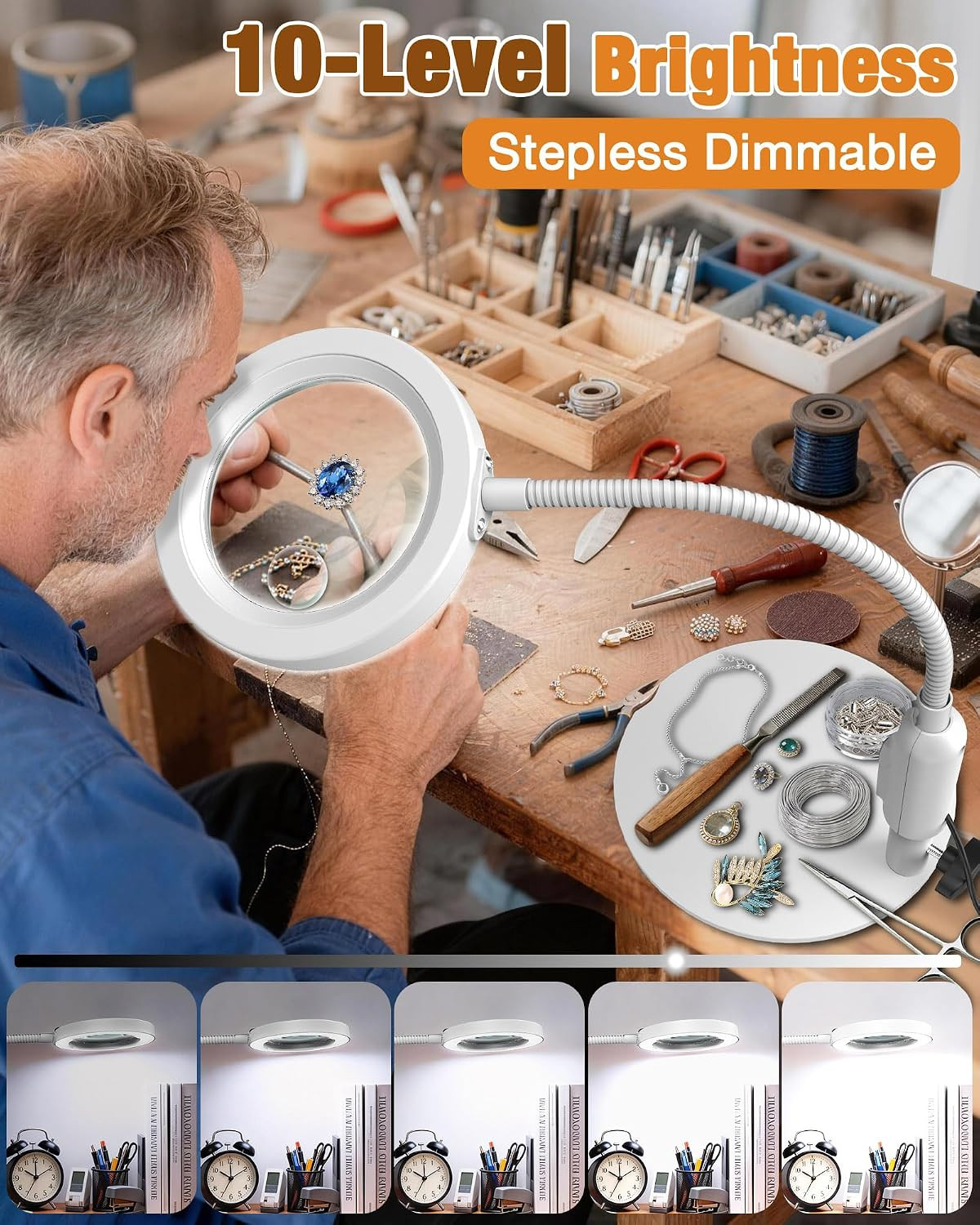 Magnifying Glass with Light and Stand, 5 Color Modes Stepless Dimmable, Optical
