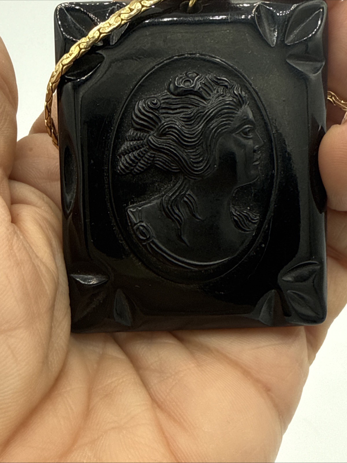 Vintage Black Victorian Cameo Necklace Celluloid Bake Gothic Mourning Pendant GP