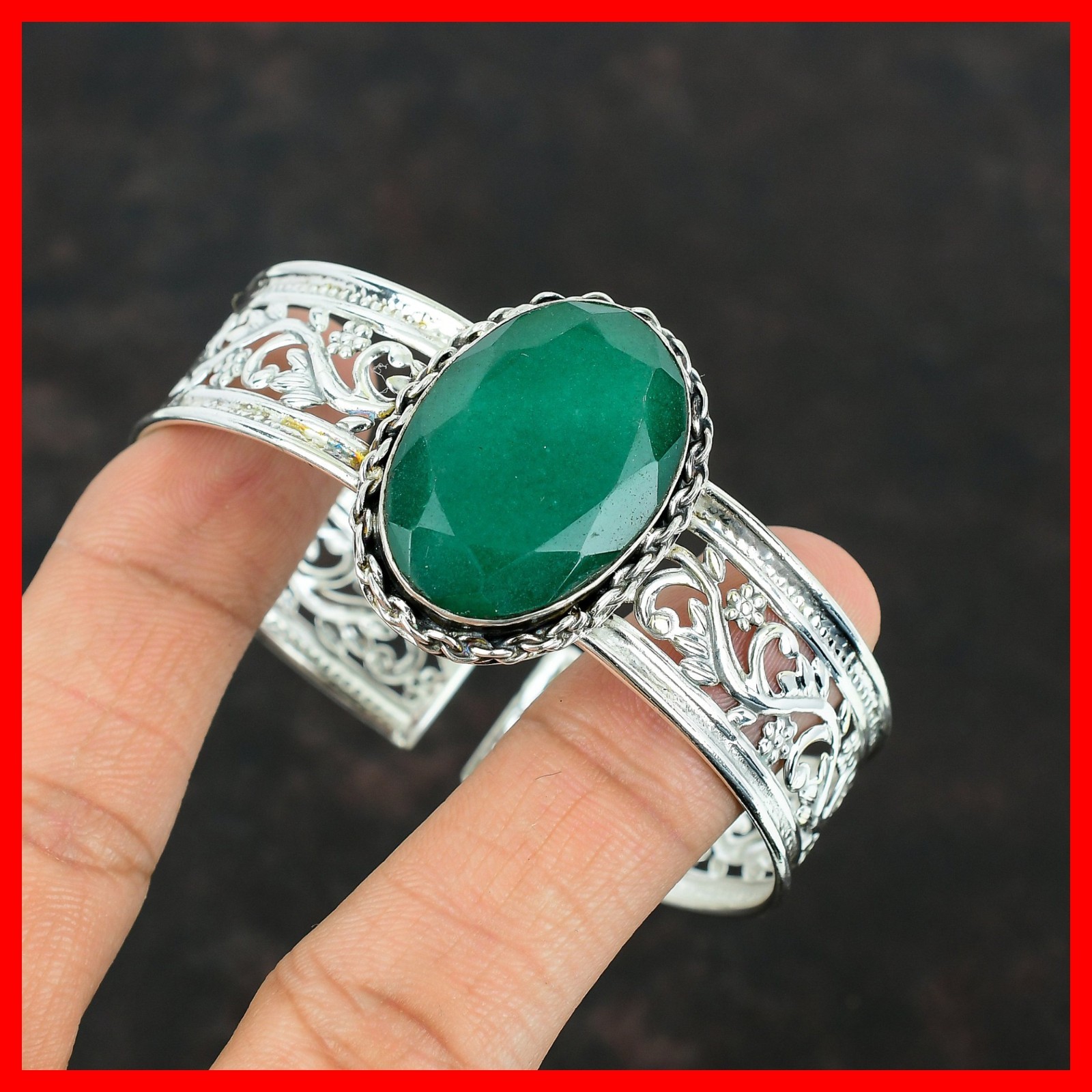 Sterling Silver Oval Zambian Emrald Gemstone Bezel Wedding Wife Bangle Jewelry