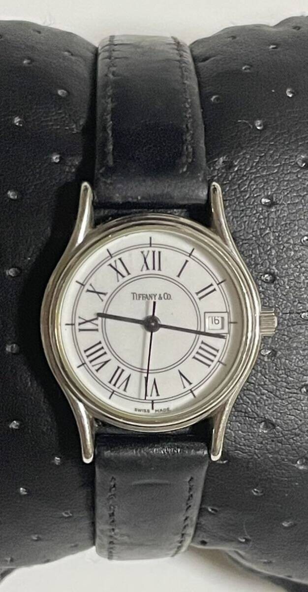 Tiffany & Co. Classic Round Watch Roman Numeral/Date Black Strap W/W02