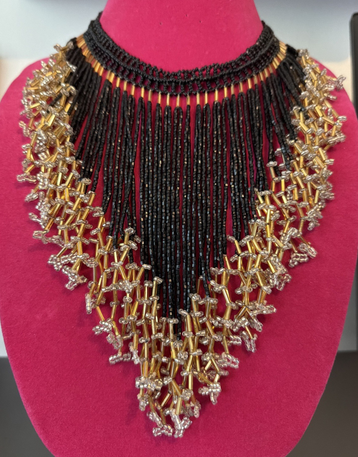 Vintage Fringe Beaded Bib Choker Collar Necklace Black & Gold 16″