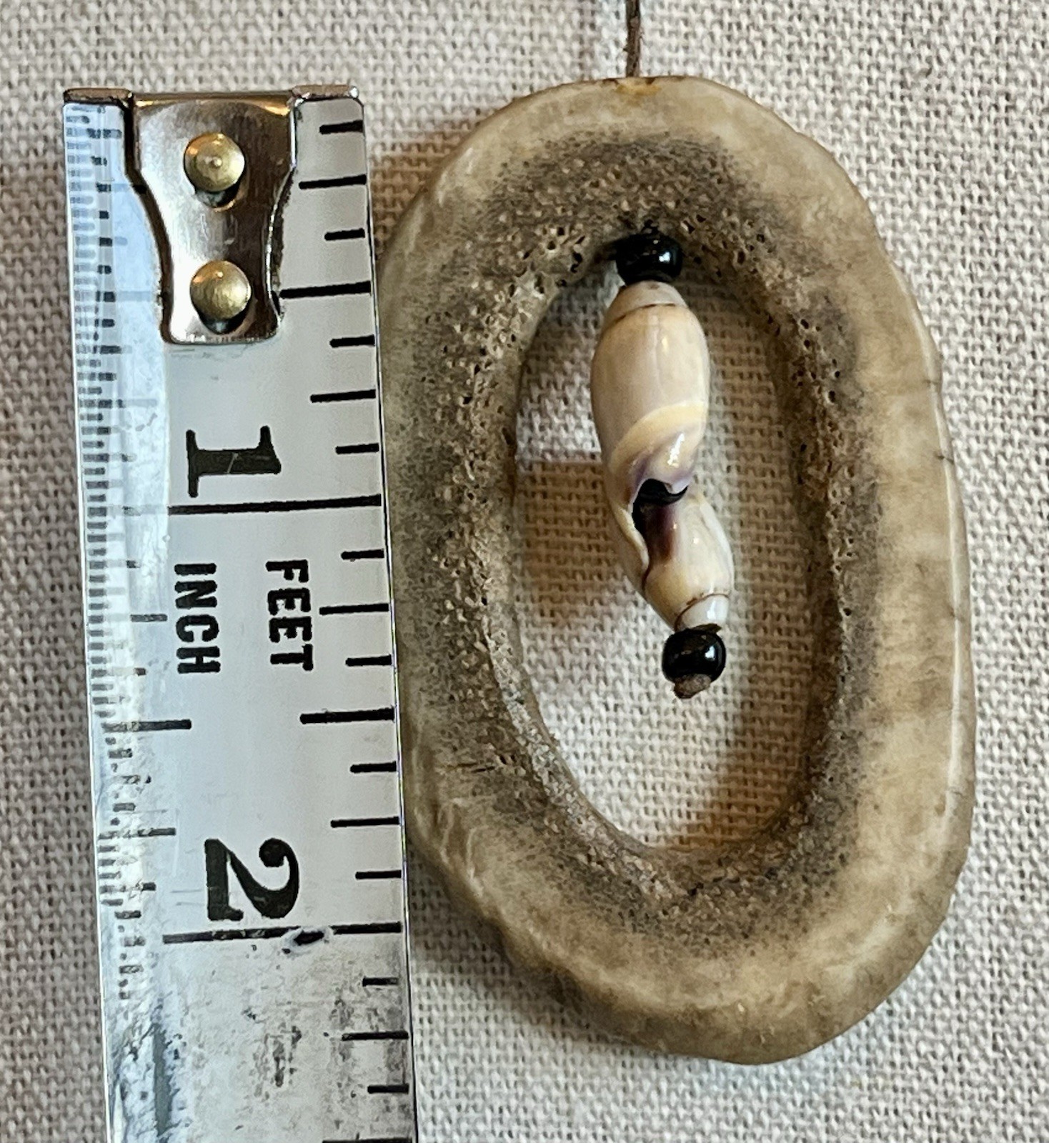 Vintage Deer Antler Slice Necklace Pendant With Hanging Shells Leather Cord