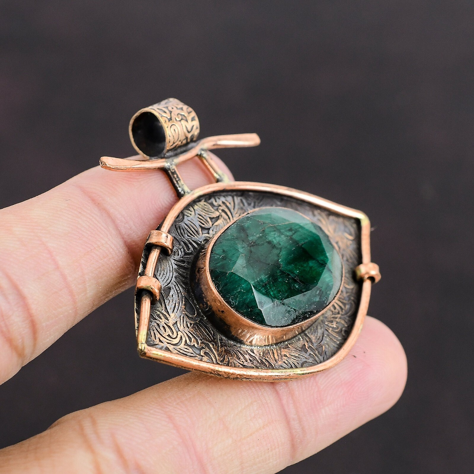 Valentines Deal Zambian Emrald Stone Copper Bezel Anniversary Engagement Pendant