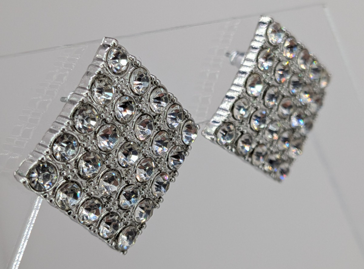 Vintage Rhinestone Stud Earrings Silver Tone Diamond Square Pave 15/16in Clear