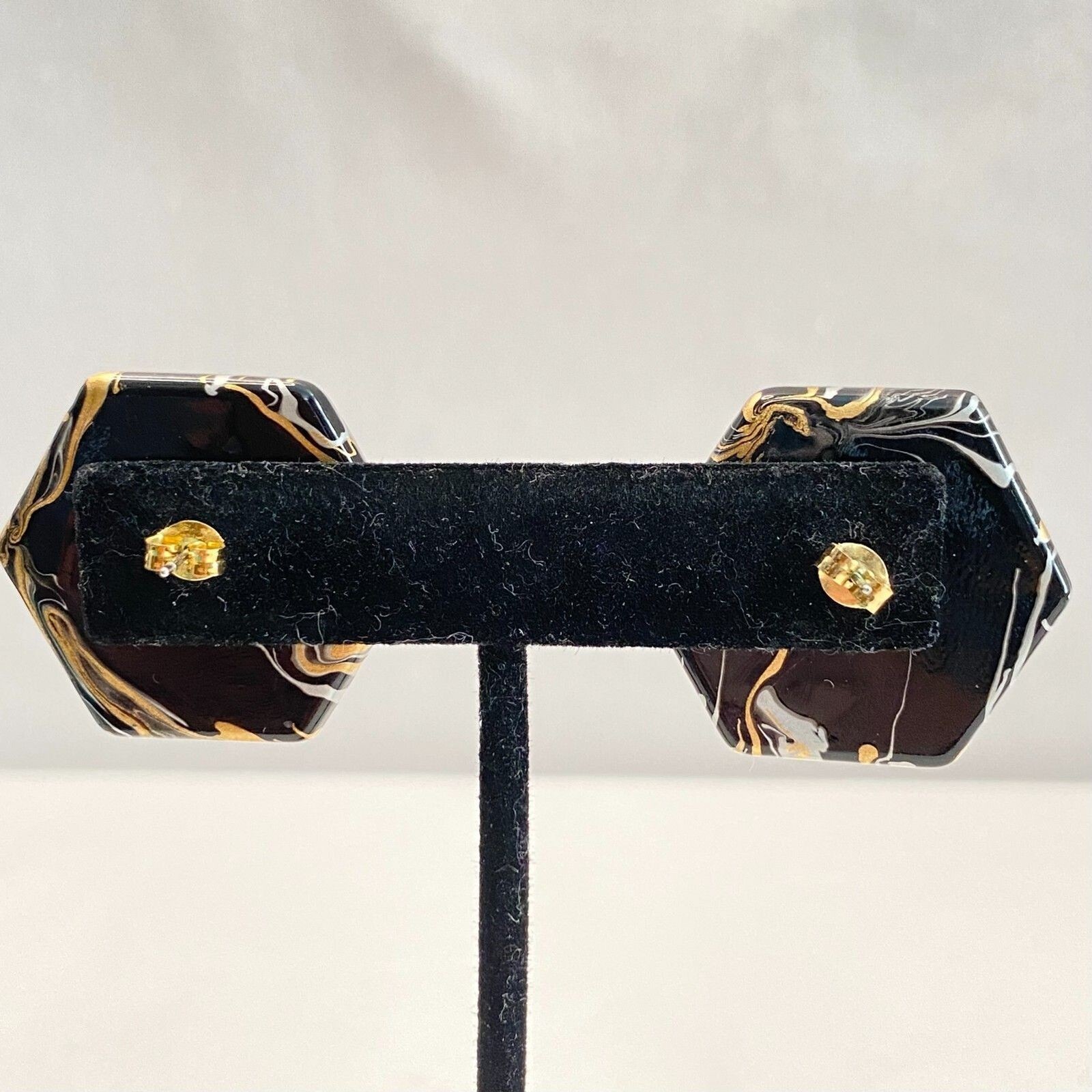 Celluloid Acetate Pentagon 3D Gold Black White Swirl Button Stud Earrings