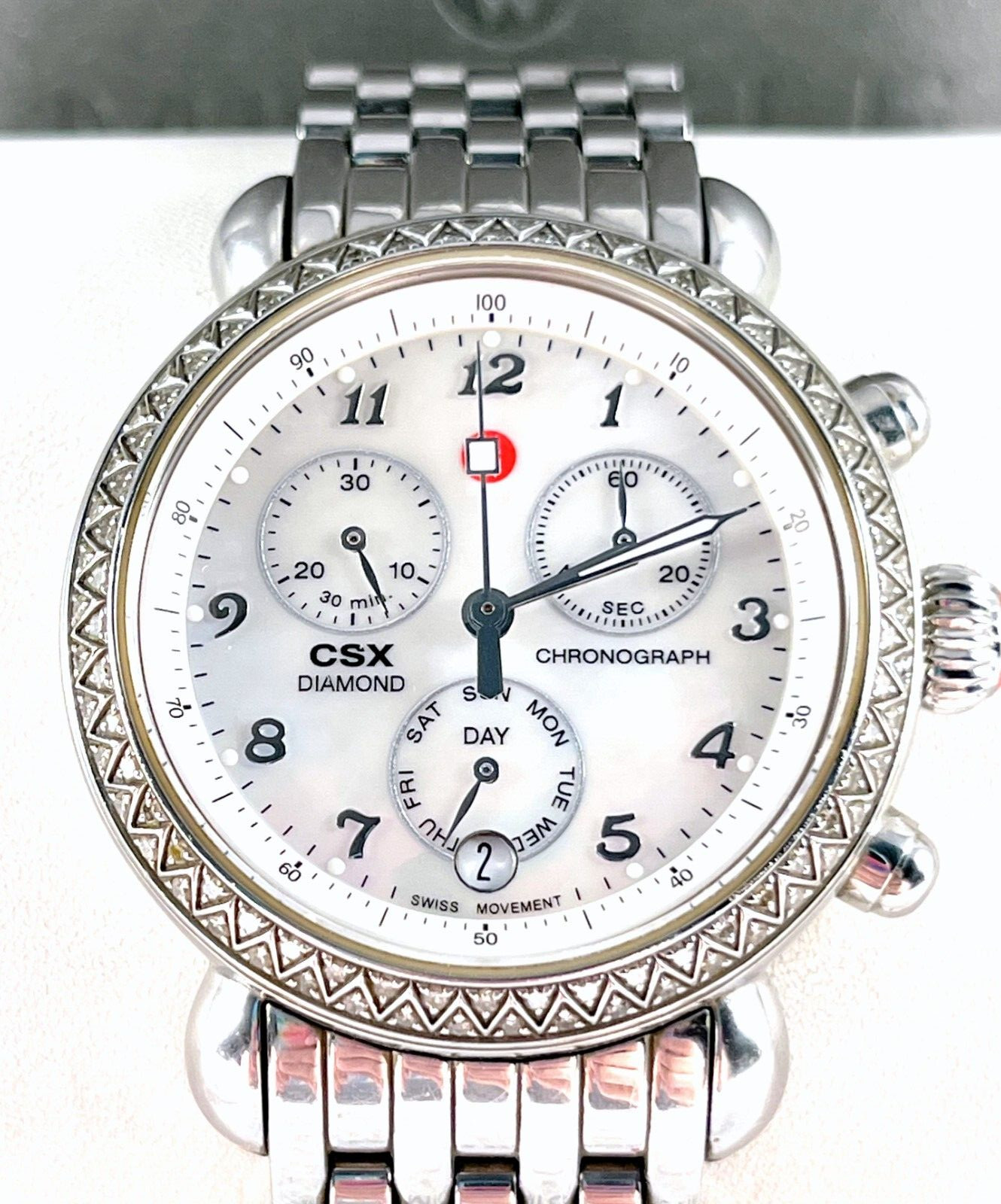 Michele CSX Diamond Chronograph Watch With SS Locking Band in Excellent Cond.