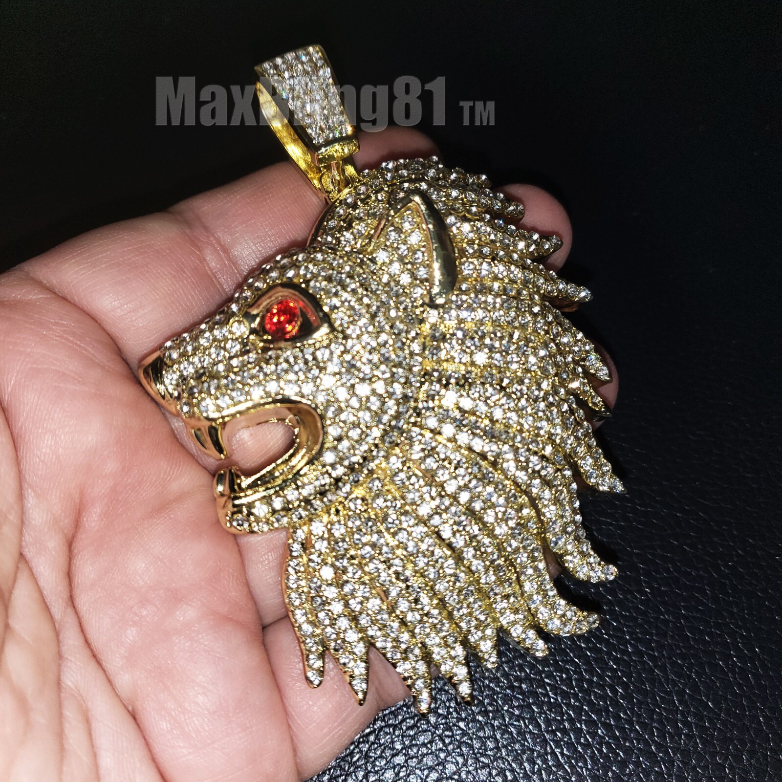 LARGE LION HEAD HIP HOP ICED GOLD PLATED CUBIC ZIRCONIA BLING CHARM PENDANT